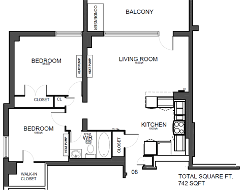 Floor plan for 2 beds, 1 bath